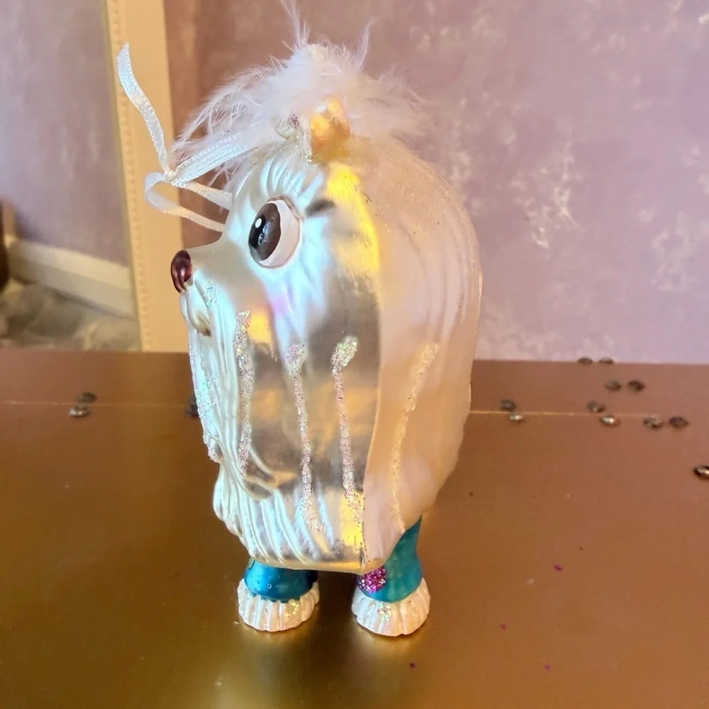 Hand Blown White Lasso Apso with a blue Dress & White Hair Bows Holiday Ornament